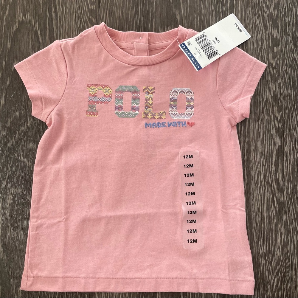 NWT Ralph Lauren Polo Embroidered Made With Love Girls Pink Shirt 12 Months